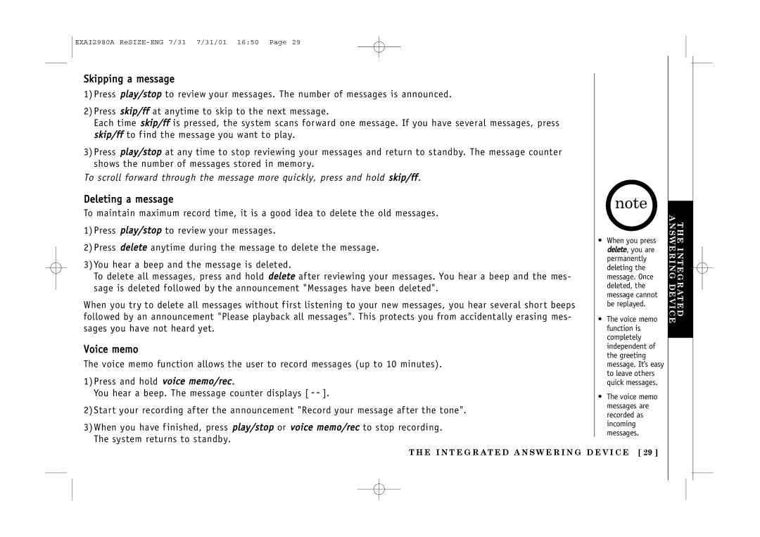 Uniden EXAI2980 owner manual Skipping a message, Deleting a message, Voice memo 