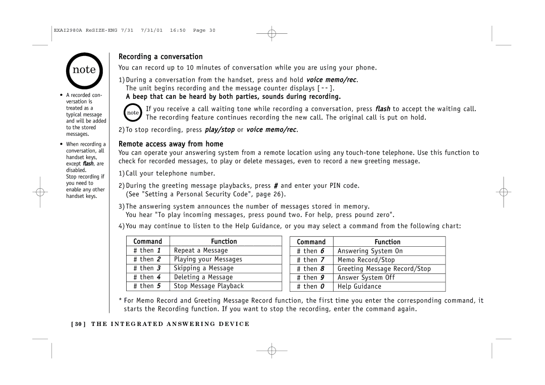 Uniden EXAI2980 owner manual Recording a conversation, Remote access away from home 