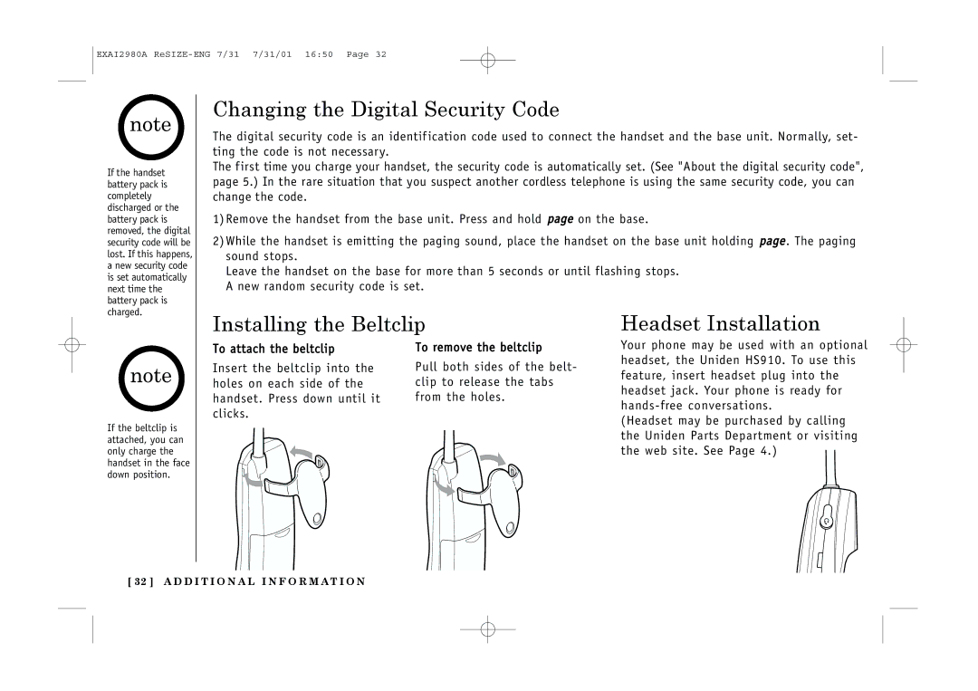 Uniden EXAI2980 owner manual Changing the Digital Security Code, Installing the Beltclip Headset Installation 