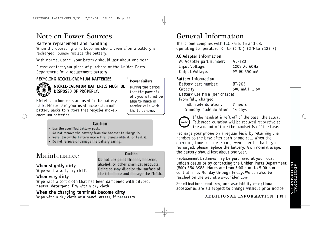 Uniden EXAI2980 owner manual General Information, Maintenance 