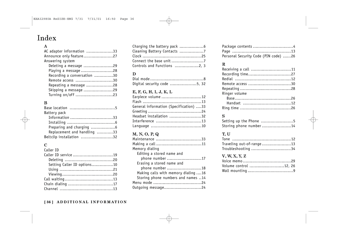 Uniden EXAI2980 owner manual Index 