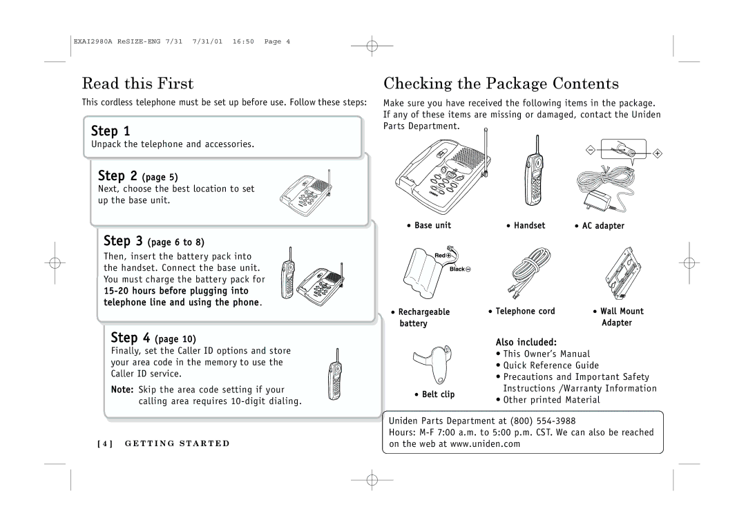 Uniden EXAI2980 owner manual Read this First, Checking the Package Contents 