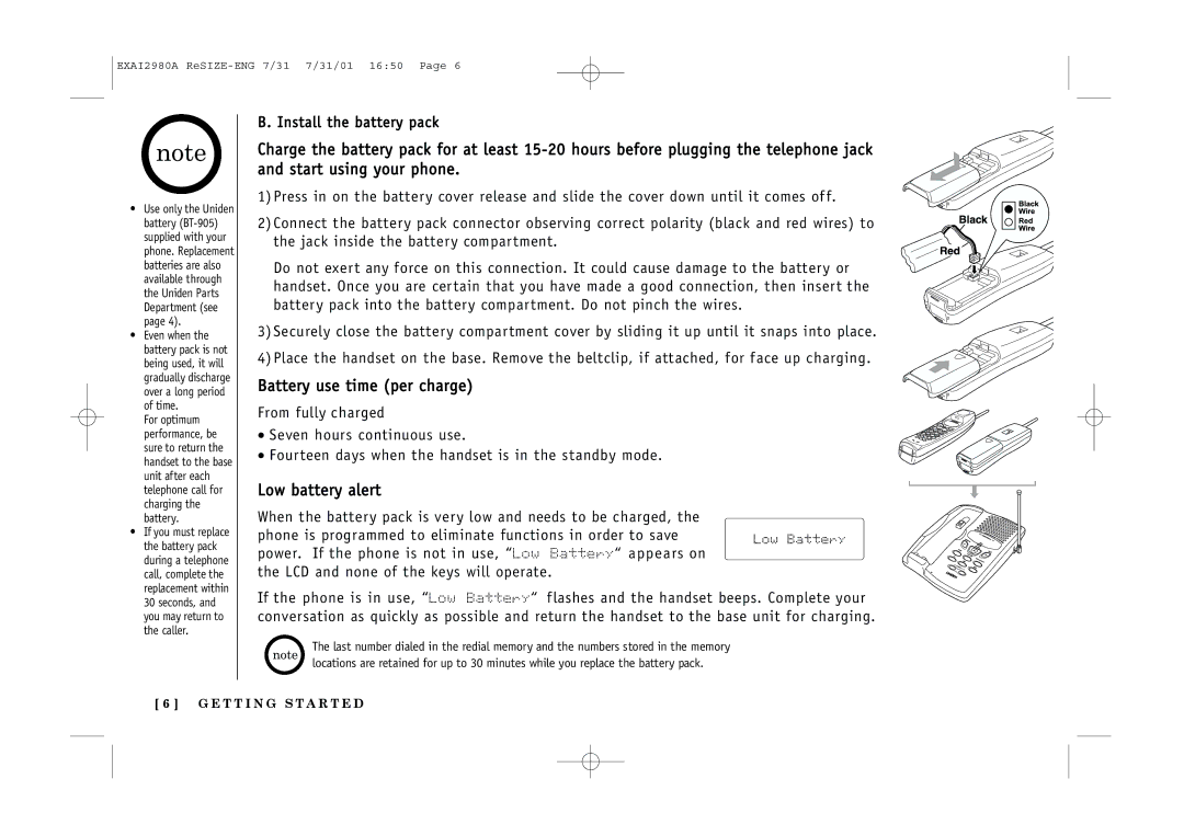 Uniden EXAI2980 owner manual Battery use time per charge, Low battery alert 