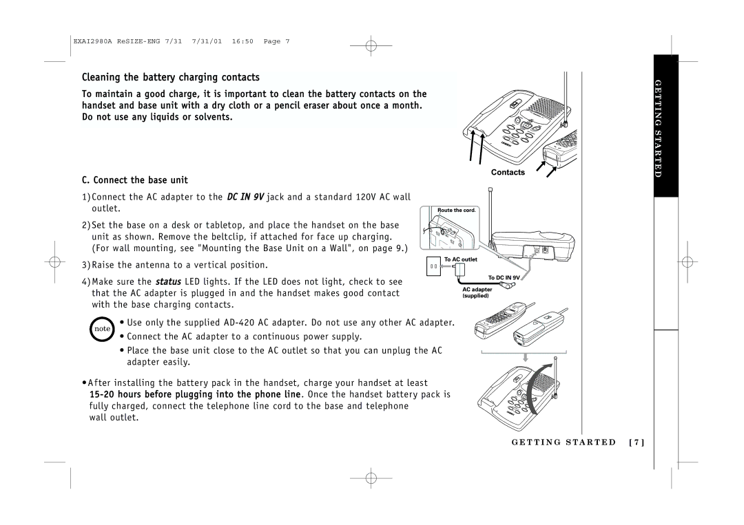 Uniden EXAI2980 owner manual Cleaning the battery charging contacts, Wall outlet 