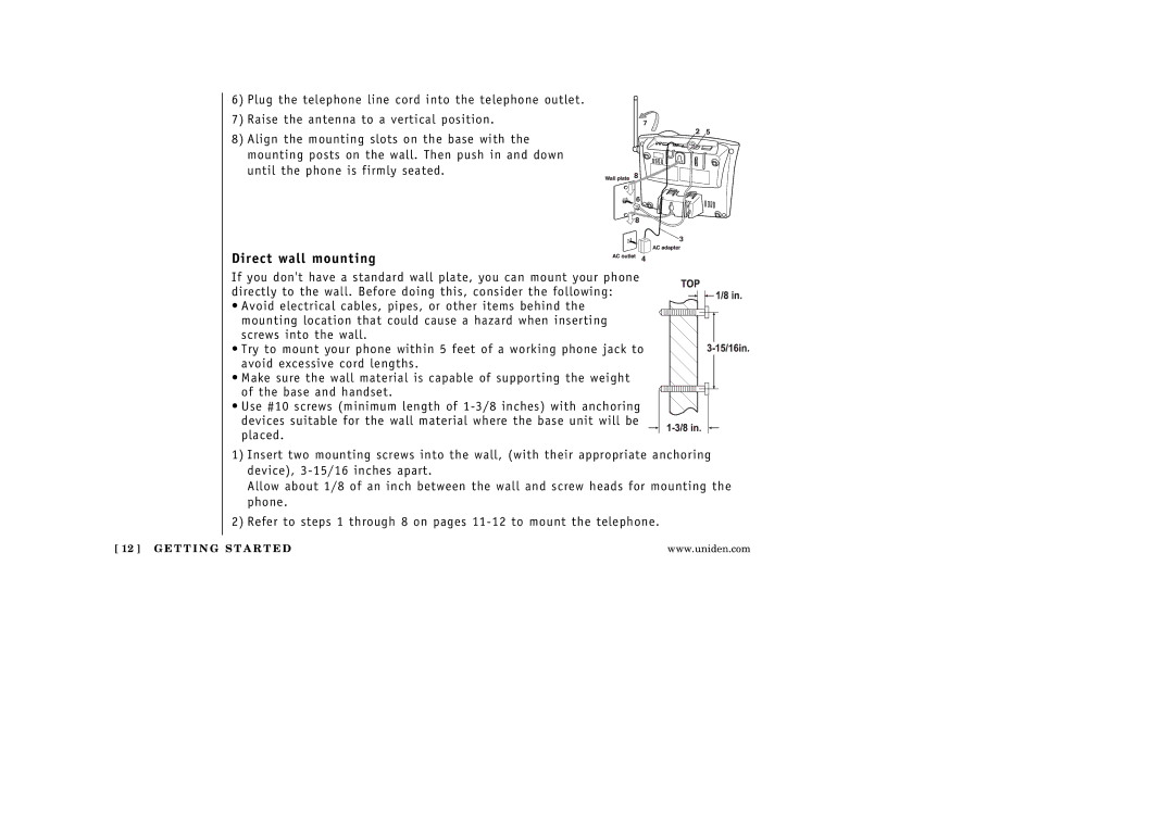 Uniden EXAI3248 manual Direct wall mounting 