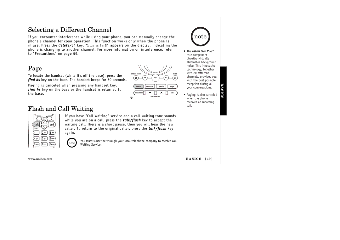 Uniden EXAI3248 manual Selecting a Different Channel, Flash and Call Waiting 