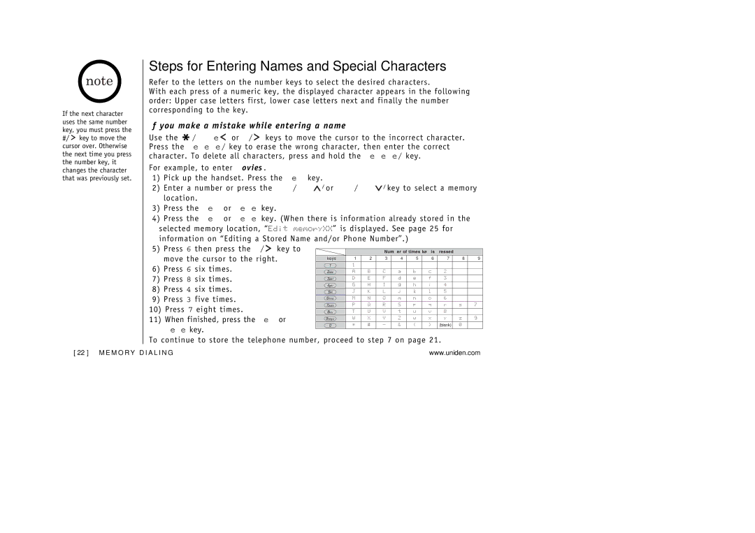 Uniden EXAI3248 manual Steps for Entering Names and Special Characters, If you make a mistake while entering a name 