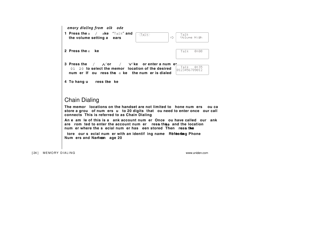Uniden EXAI3248 manual Chain Dialing, Memory dialing from Talk Mode 