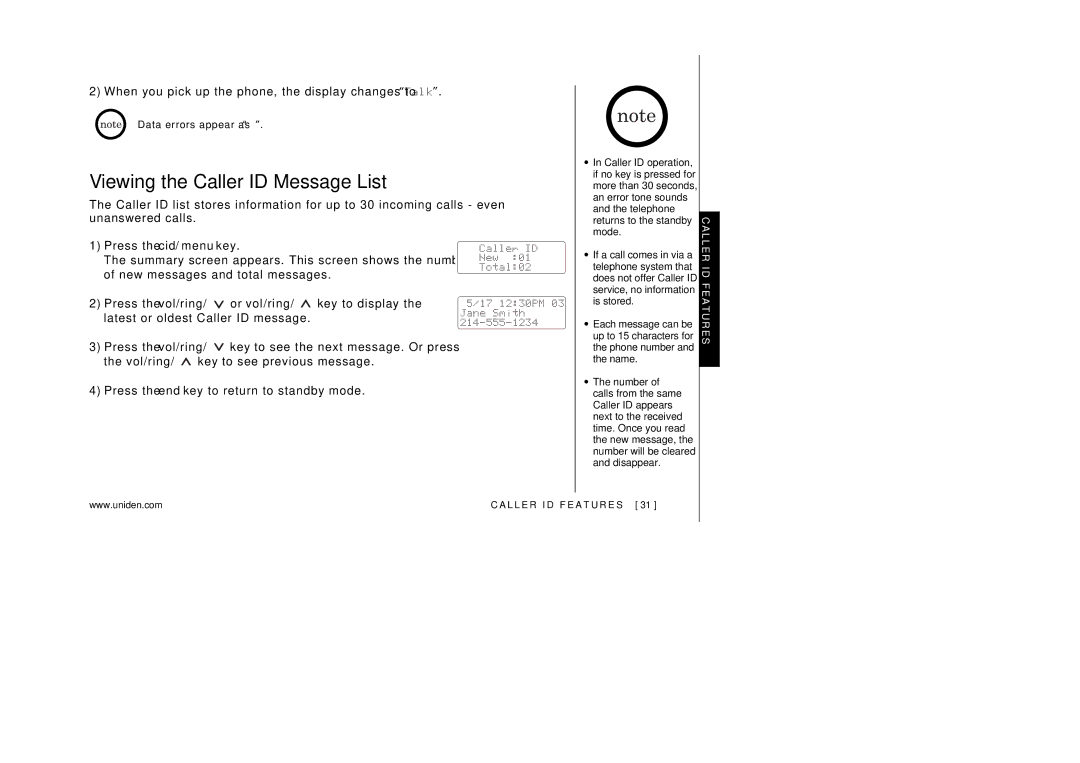 Uniden EXAI3248 manual Viewing the Caller ID Message List, Press the end key to return to standby mode 