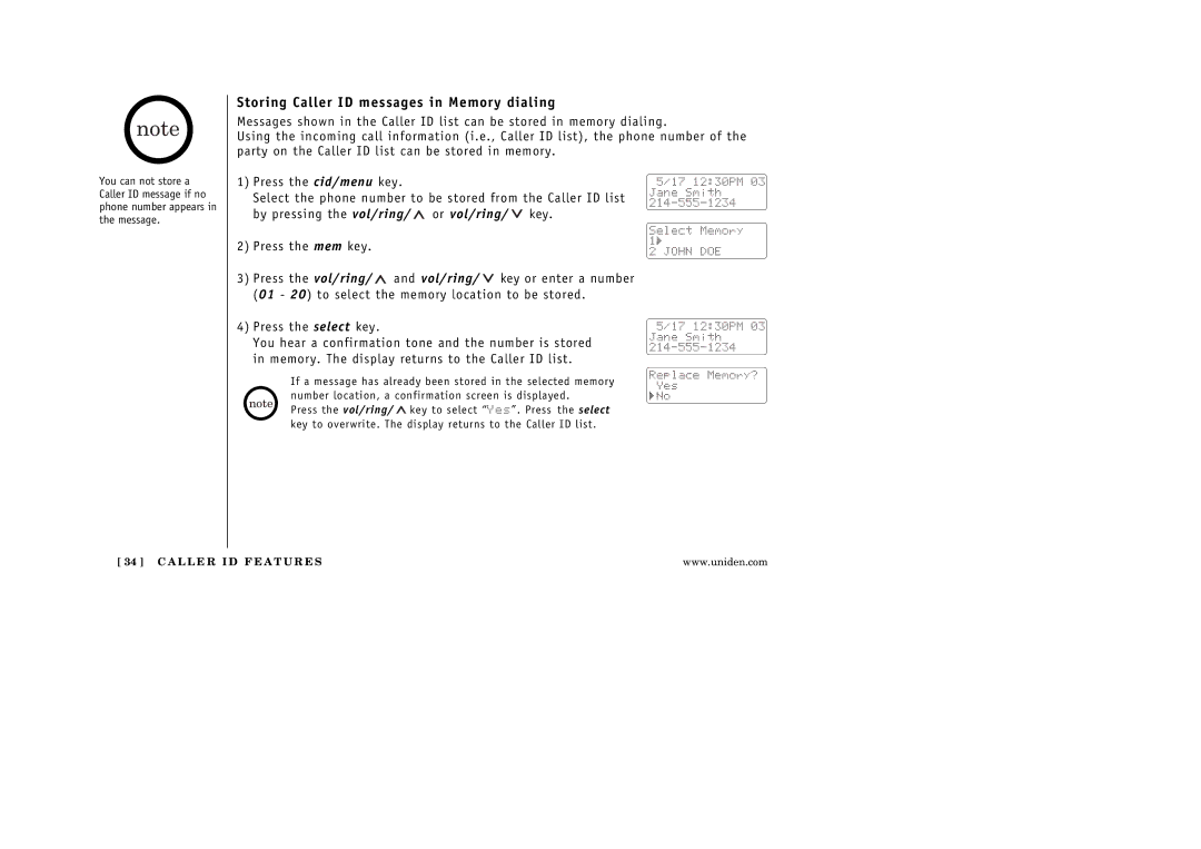 Uniden EXAI3248 manual Storing Caller ID messages in Memory dialing 