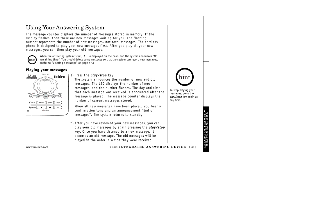 Uniden EXAI3248 manual Using Your Answering System, Playing your messages 