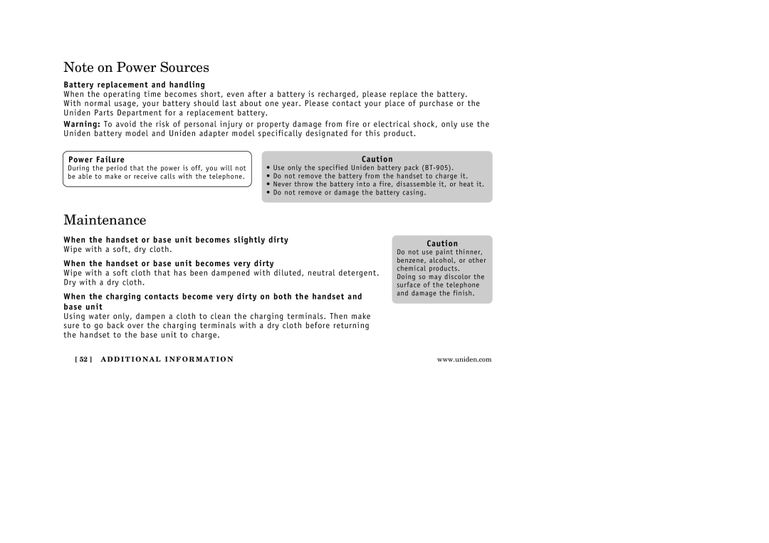 Uniden EXAI3248 manual Maintenance, Battery replacement and handling, Power Failure 