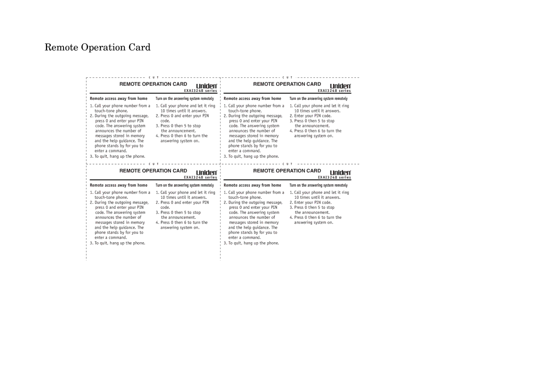 Uniden EXAI3248 manual Remote Operation Card, Call your phone number from a touch-tone phone 