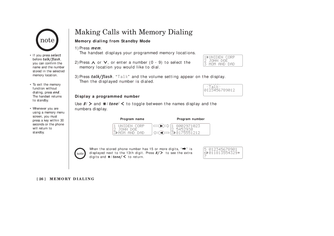 Uniden EXAI378 manual Making Calls with Memory Dialing, Memory dialing from Standby Mode, Display a programmed number 