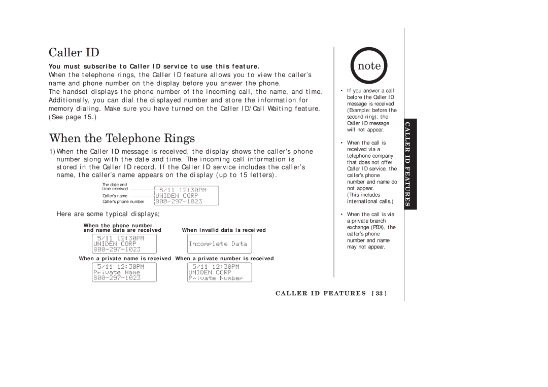 Uniden EXAI378 manual When the Telephone Rings, You must subscribe to Caller ID service to use this feature 