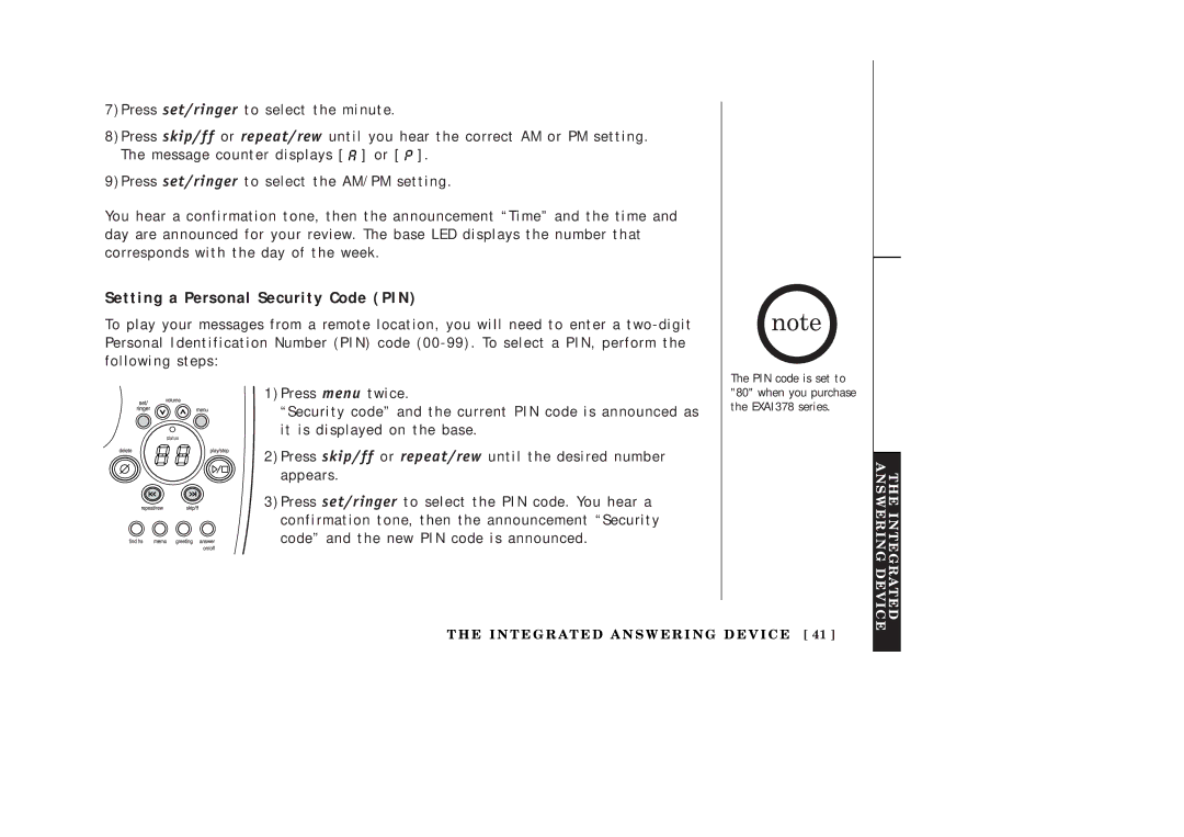 Uniden EXAI378 manual Setting a Personal Security Code PIN 