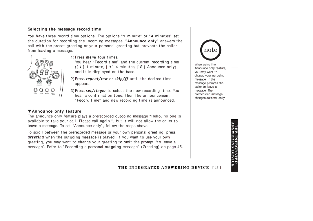 Uniden EXAI378 manual Selecting the message record time, Announce only feature 