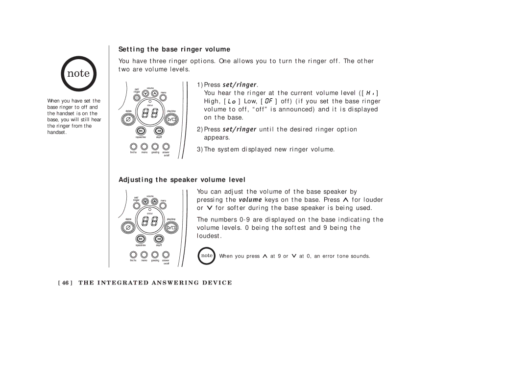 Uniden EXAI378 manual Setting the base ringer volume, Adjusting the speaker volume level 