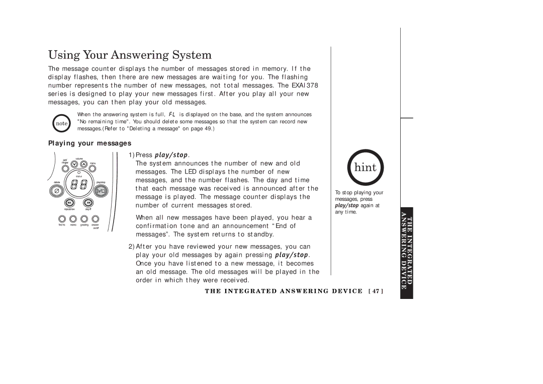 Uniden EXAI378 manual Using Your Answering System, Playing your messages 