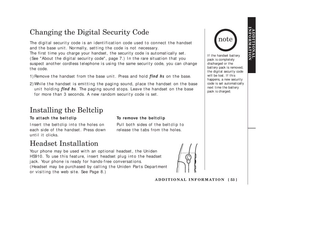 Uniden EXAI378 manual Changing the Digital Security Code, Installing the Beltclip, Headset Installation 