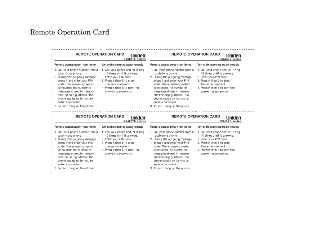 Uniden EXAI378 manual Remote Operation Card, Call your phone number from a touch-tone phone 