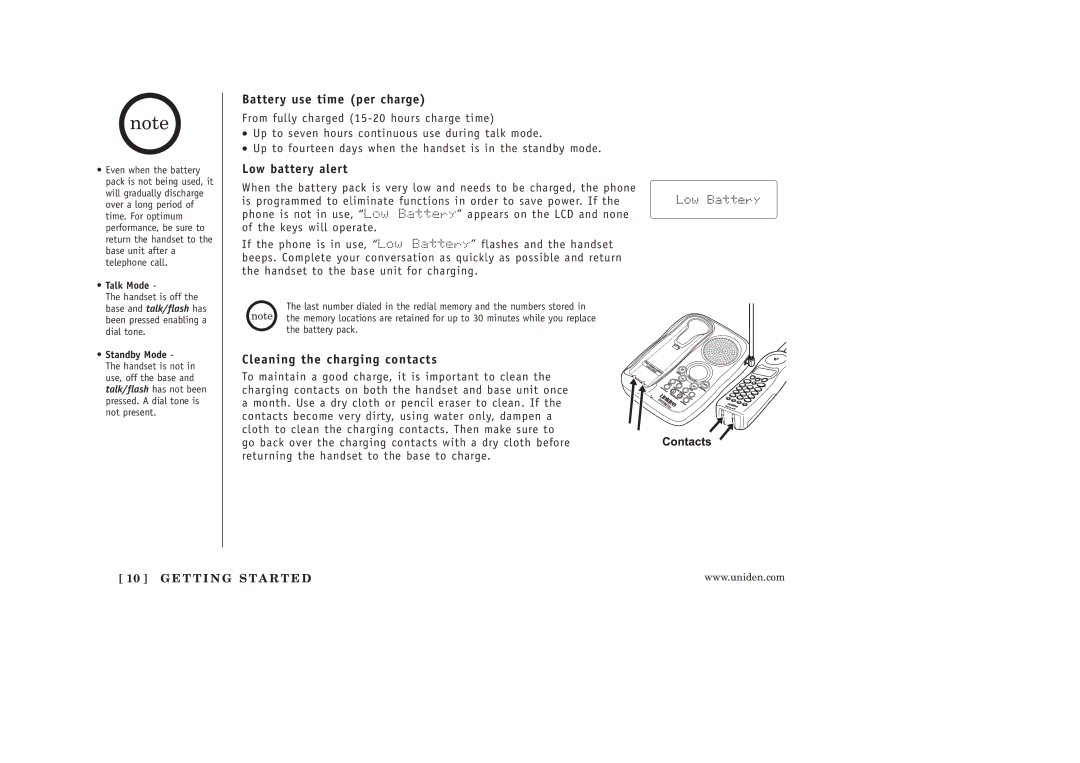 Uniden EXAI398 manual Battery use time per charge 