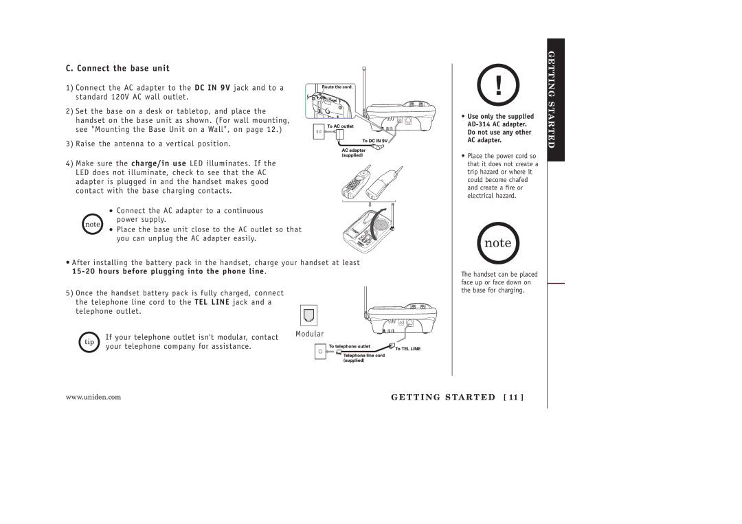 Uniden EXAI398 manual Connect the base unit 