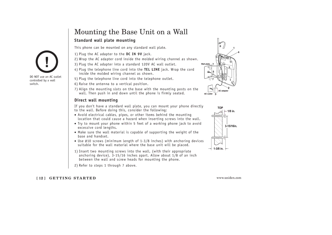 Uniden EXAI398 manual Mounting the Base Unit on a Wall, Standard wall plate mounting, Direct wall mounting 