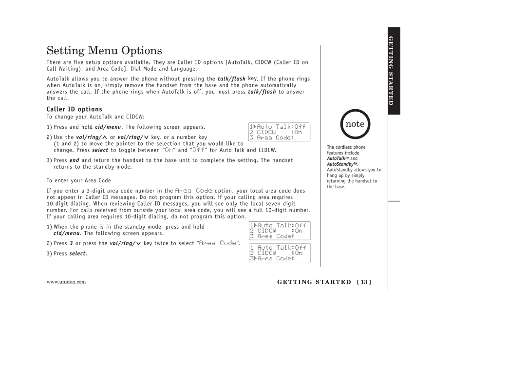 Uniden EXAI398 manual Setting Menu Options, Caller ID options 