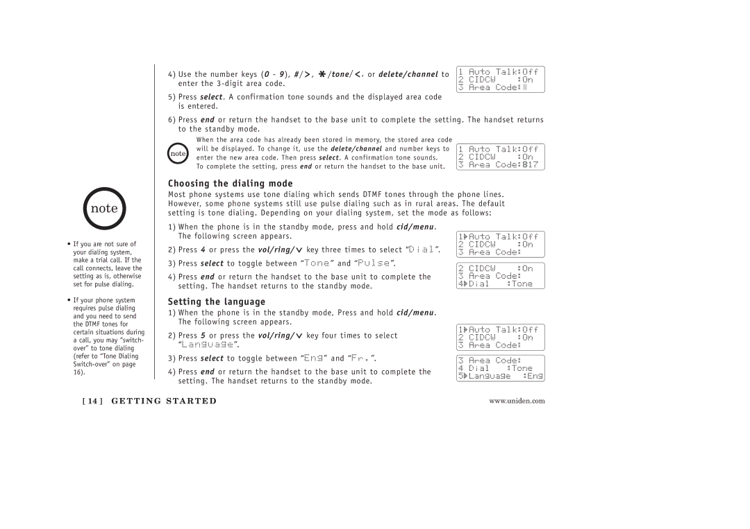 Uniden EXAI398 manual Choosing the dialing mode, Setting the language 