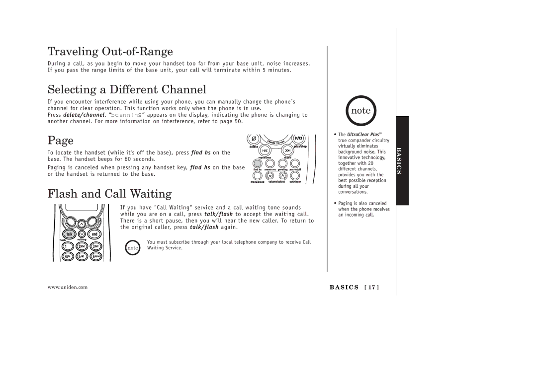 Uniden EXAI398 manual Traveling Out-of-Range, Selecting a Different Channel, Flash and Call Waiting 