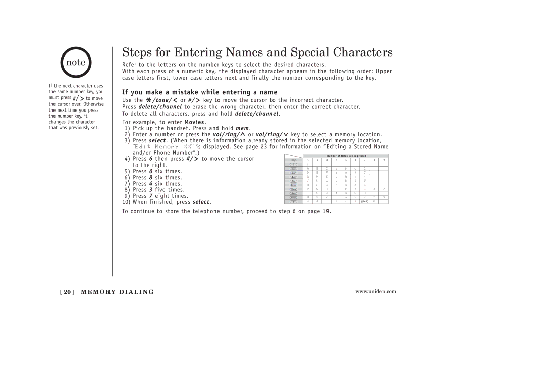 Uniden EXAI398 manual Steps for Entering Names and Special Characters, If you make a mistake while entering a name 