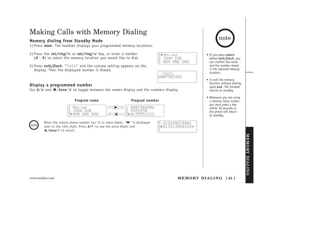 Uniden EXAI398 manual Making Calls with Memory Dialing, Memory dialing from Standby Mode, Display a programmed number 