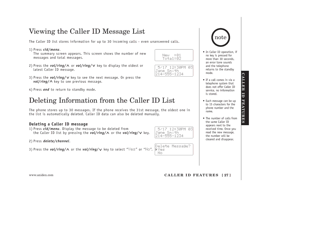 Uniden EXAI398 manual Viewing the Caller ID Message List, Deleting Information from the Caller ID List 