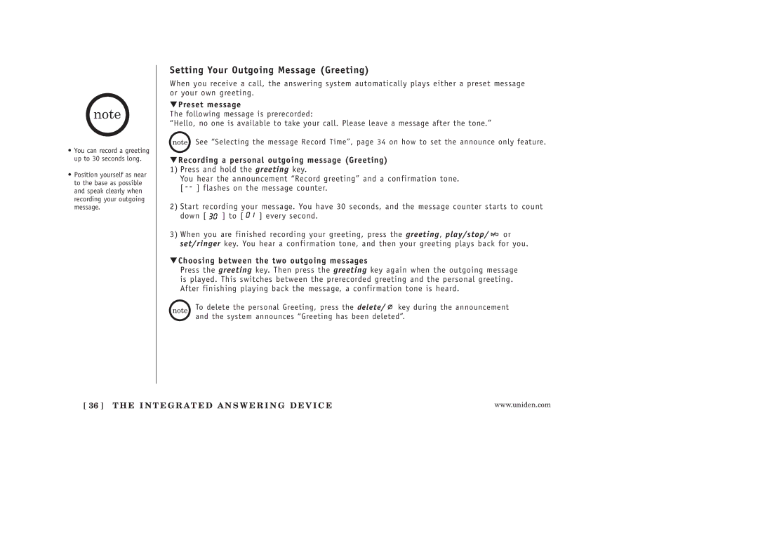 Uniden EXAI398 manual Setting Your Outgoing Message Greeting, Preset message, Choosing between the two outgoing messages 