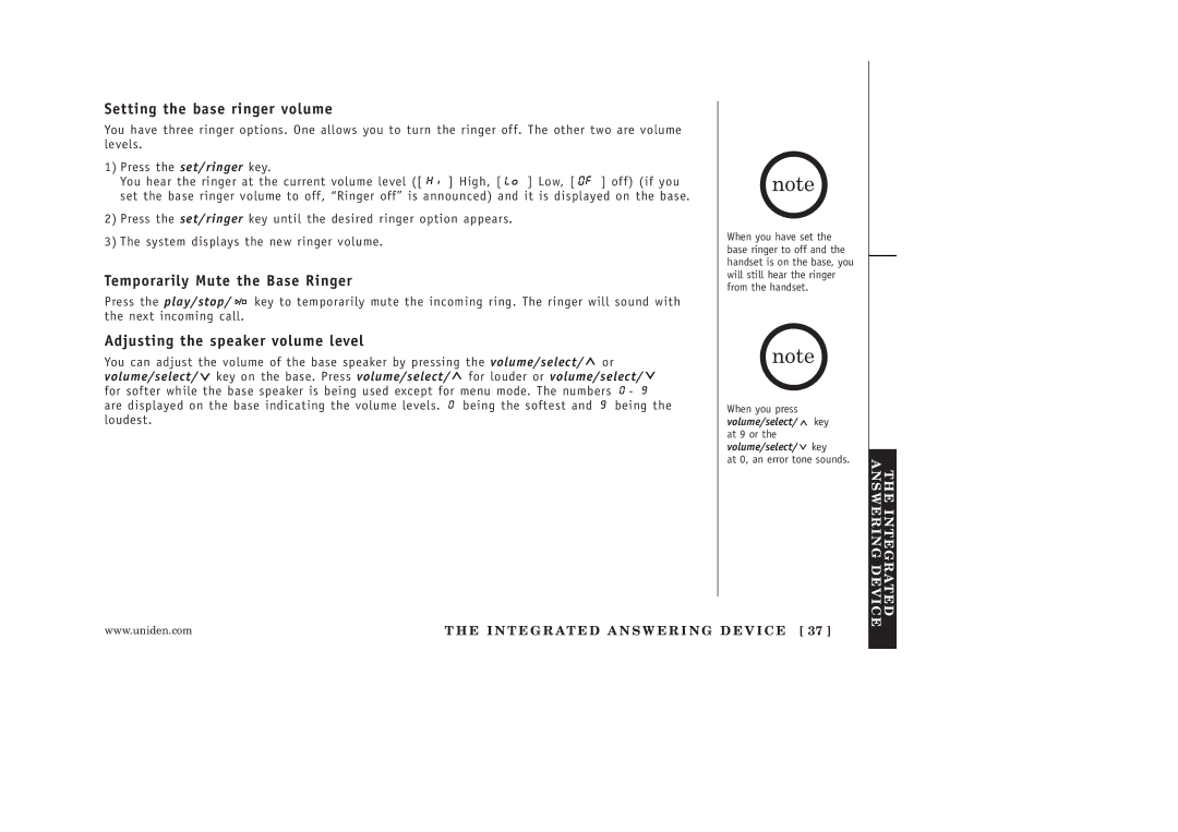 Uniden EXAI398 manual Setting the base ringer volume, Temporarily Mute the Base Ringer, Adjusting the speaker volume level 