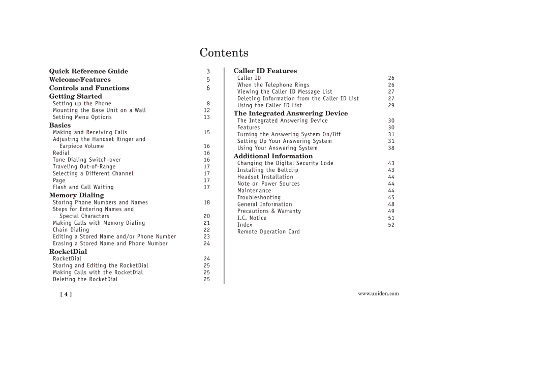 Uniden EXAI398 manual Contents 