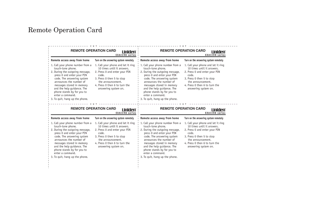 Uniden EXAI398 manual Remote Operation Card, Call your phone number from a touch-tone phone 