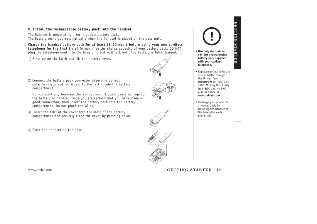 Uniden EXAI398 manual Install the rechargeable battery pack into the handset, T T I N G S Ta R T E D 