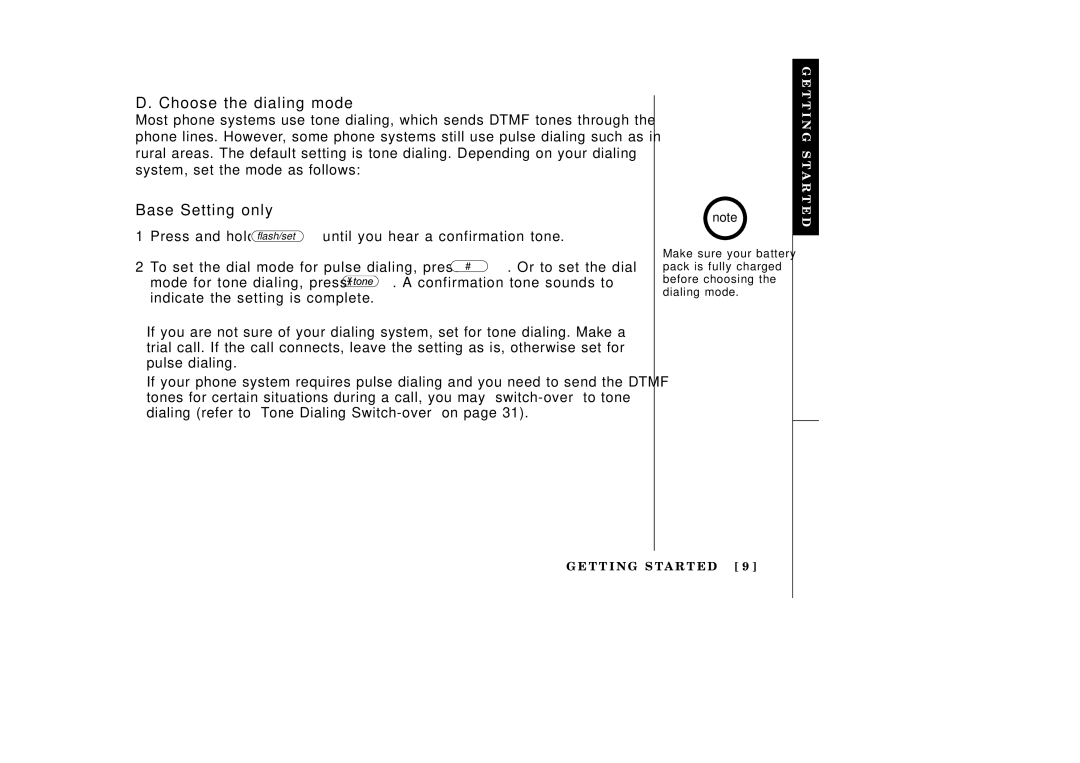 Uniden EXAI3985 Choose the dialing mode, Base Setting only, Press and hold flash/set until you hear a confirmation tone 