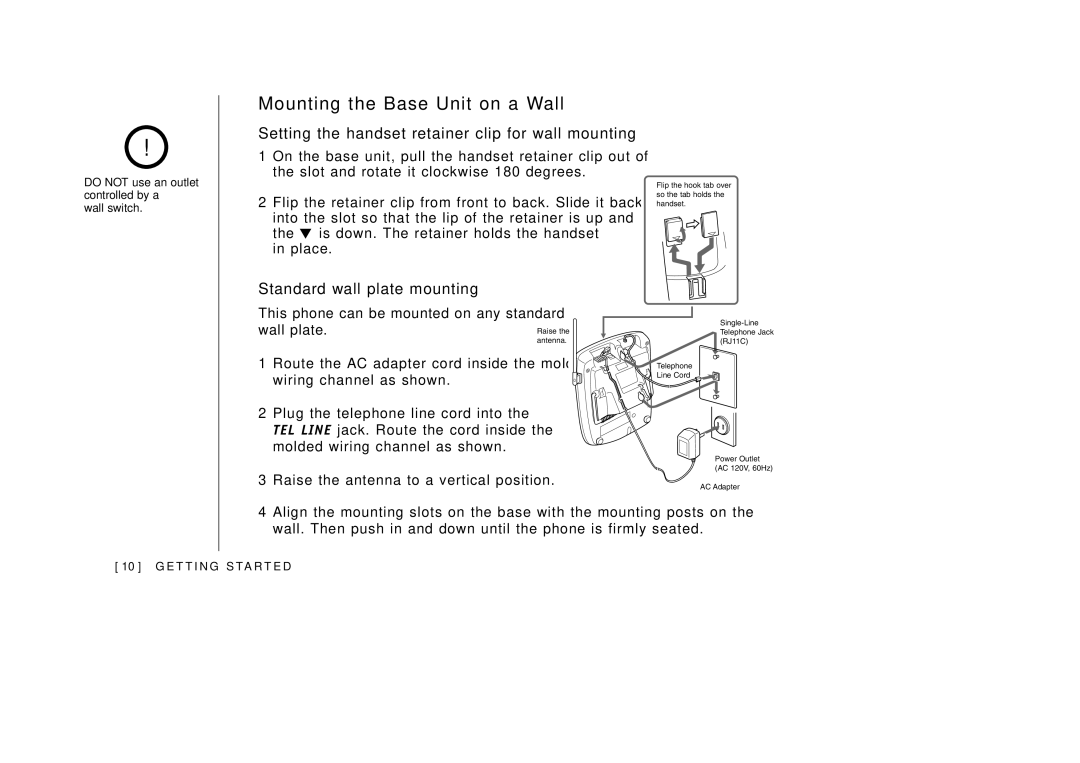 Uniden EXAI3985 manual Setting the handset retainer clip for wall mounting, Standard wall plate mounting 