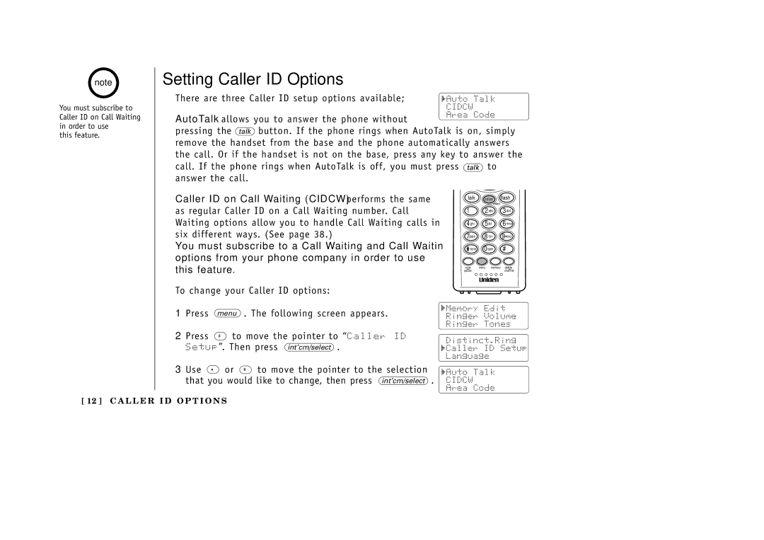 Uniden EXAI3985 manual Setting Caller ID Options, Use Or ª To move the pointer to the selection 