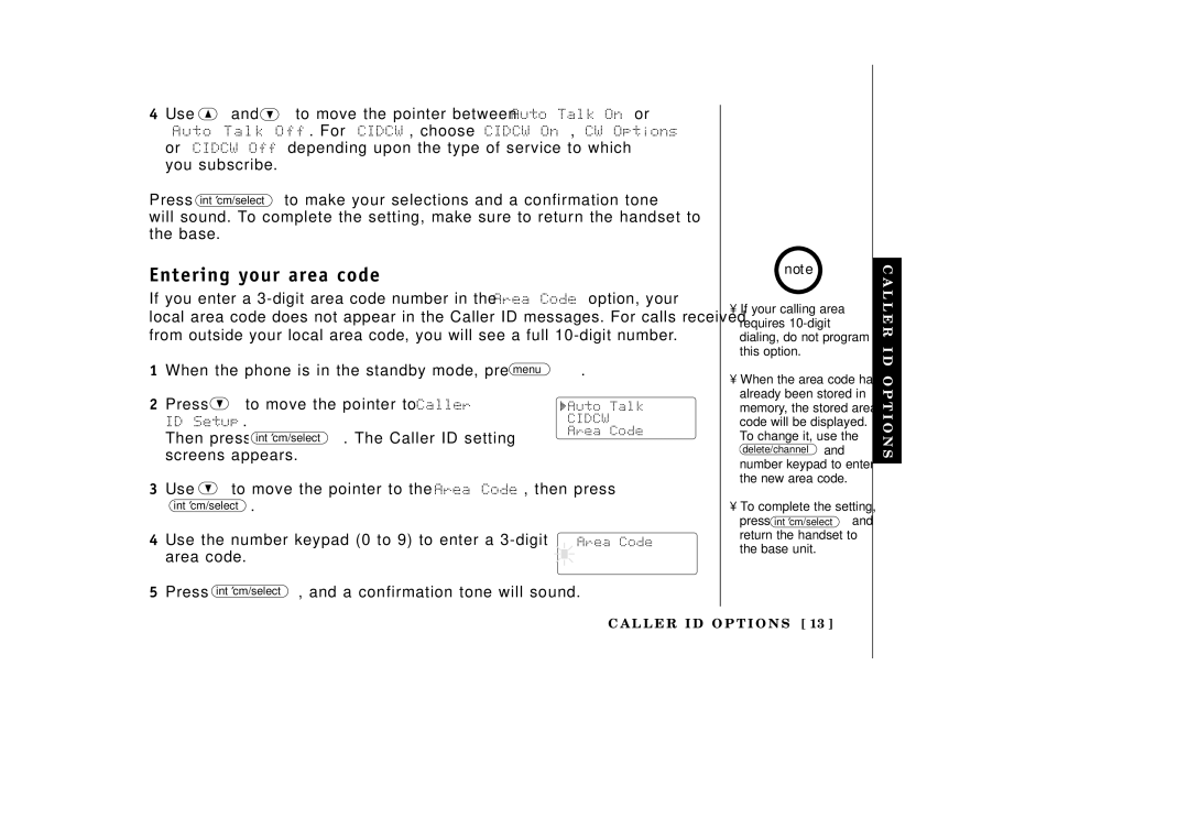 Uniden EXAI3985 Use To move the pointer between Auto Talk On or, Or Cidcw Off depending upon the type of service to which 