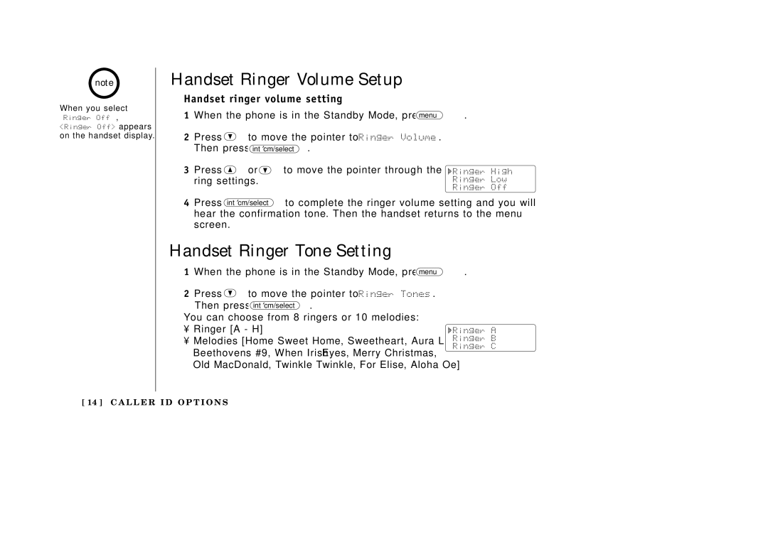 Uniden EXAI3985 manual Handset Ringer Volume Setup, Handset Ringer Tone Setting, Handset ringer volume setting 