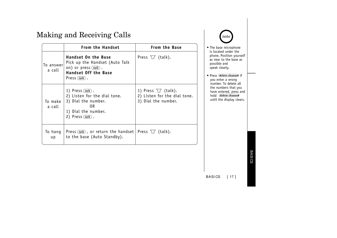 Uniden EXAI3985 manual Making and Receiving Calls, From the Handset From the Base Handset On the Base, Handset Off the Base 