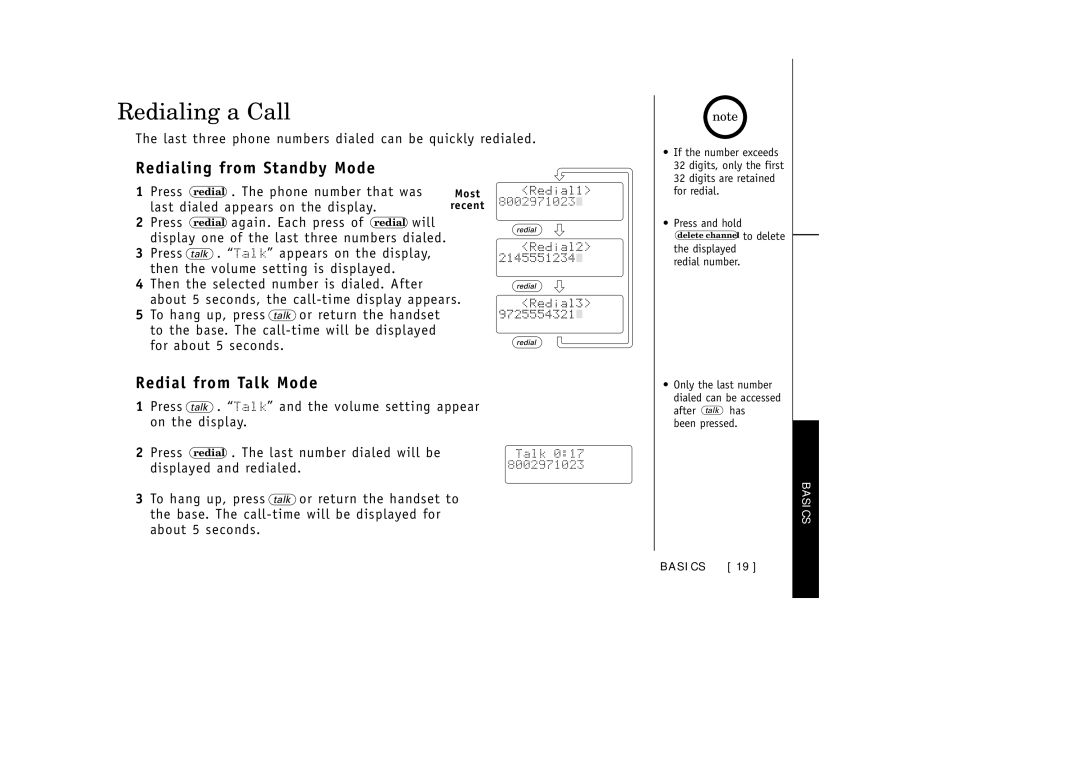 Uniden EXAI3985 manual Redialing a Call, Redialing from Standby Mode, Redial from Talk Mode 