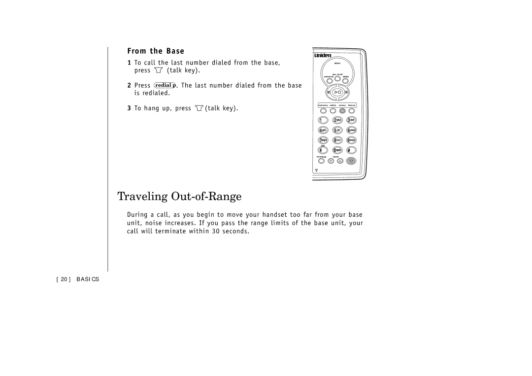 Uniden EXAI3985 manual Traveling Out-of-Range, From the Base 