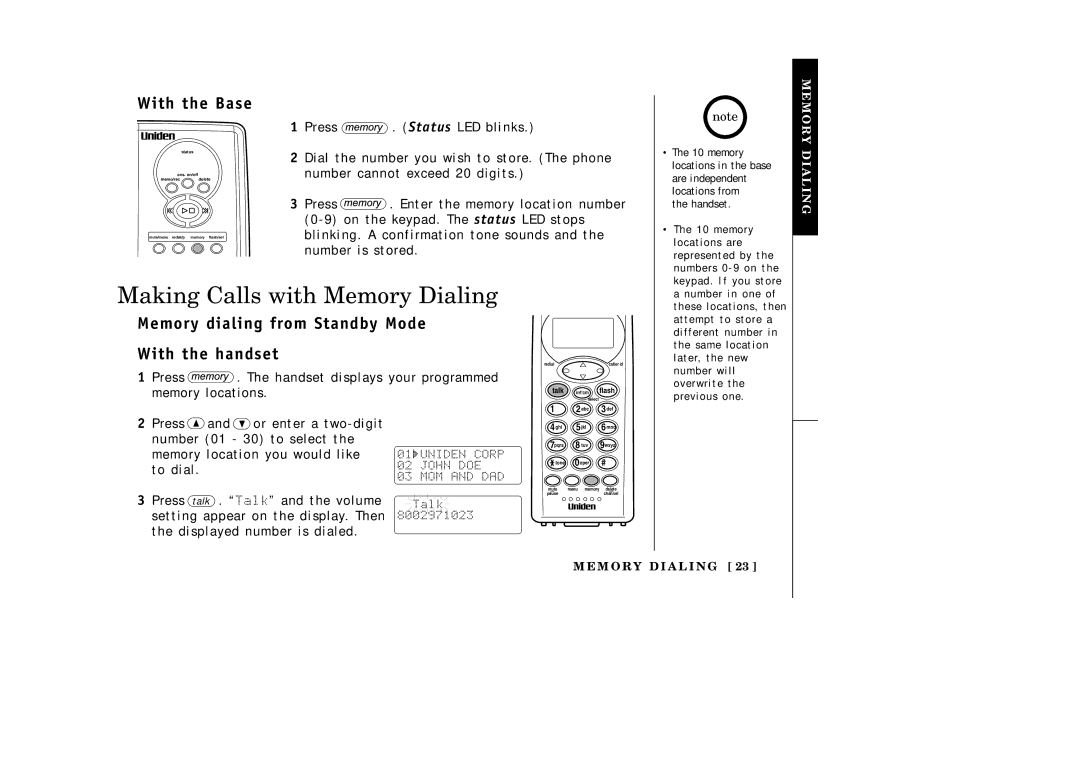 Uniden EXAI3985 manual Making Calls with Memory Dialing, With the Base, Memory dialing from Standby Mode With the handset 