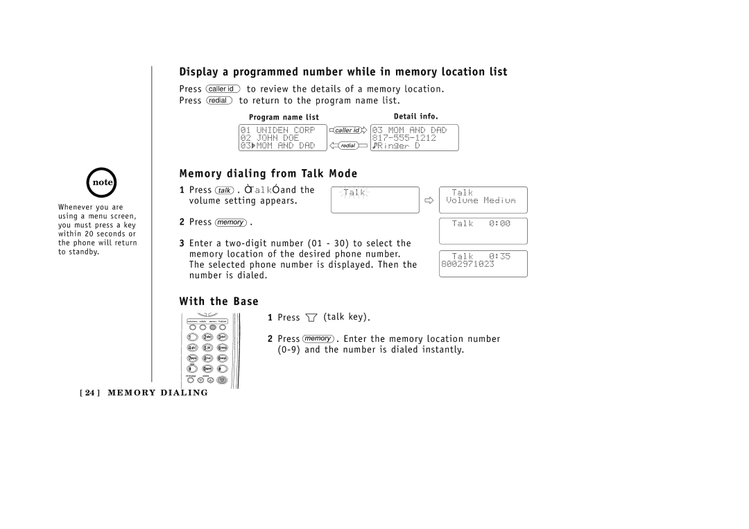 Uniden EXAI3985 manual Display a programmed number while in memory location list, Memory dialing from Talk Mode 