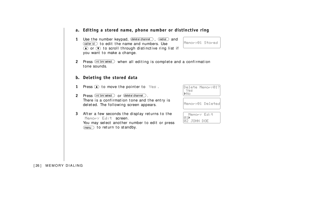 Uniden EXAI3985 manual Editing a stored name, phone number or distinctive ring, Deleting the stored data 